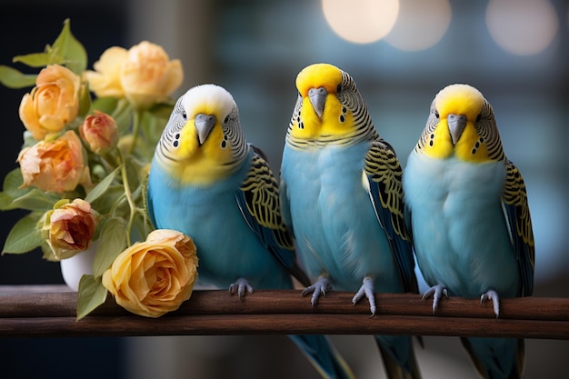 Foto un trío de pájaros alegres en una rama azul cielo sus plumas vibrantes y expresiones animadas añadir