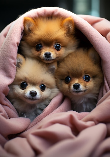 Trío preciado Retrato en primer plano de tres acogedores cachorros de Pomerania que capturan la calidez íntima