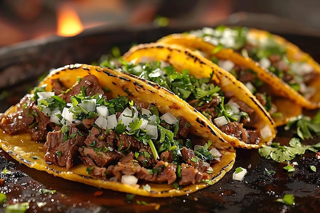 Foto un trío de tacos callejeros vibrantes y apetitosos con tortillas de maíz suaves llenas de suculentas parrillas