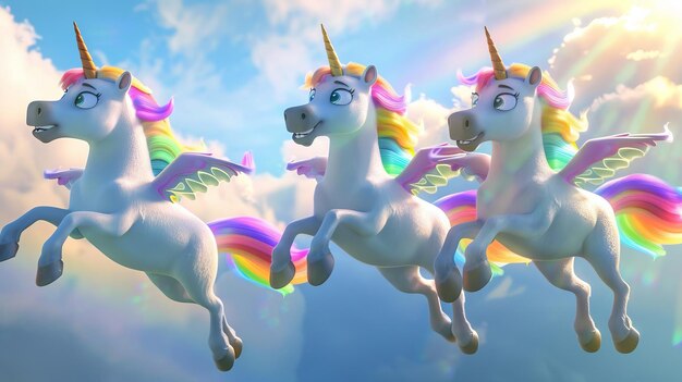 Un trío de unicornios voladores de arco iris generados por la IA