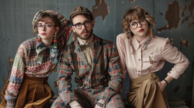 El trío vintage de moda, el grupo elegante en la moda retro posando en interiores.