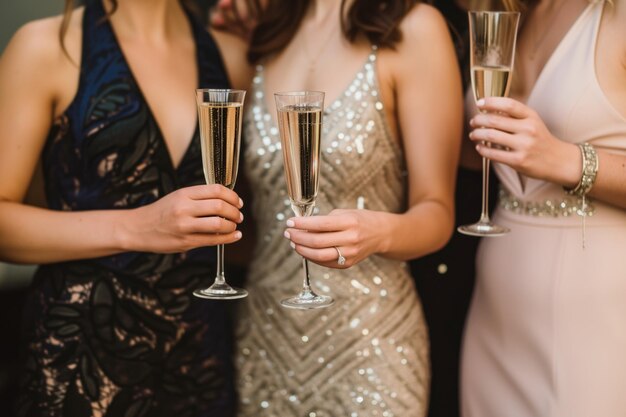 Trio von Frauen in Cocktailkleidern mit Champagnerflöten