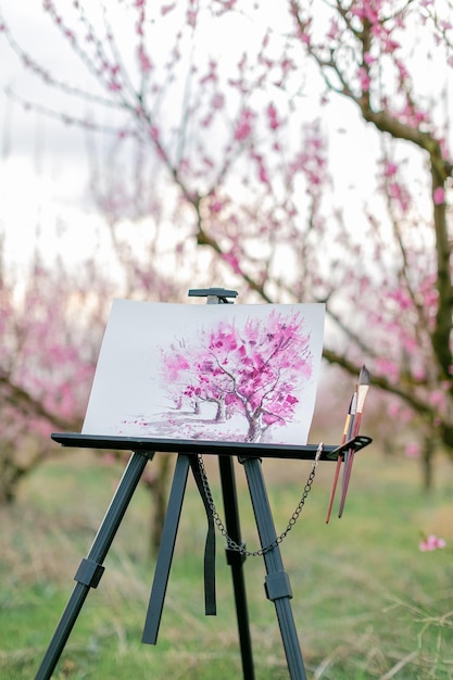 Tripé do artista com uma foto em uma primavera de pomar de pêssego