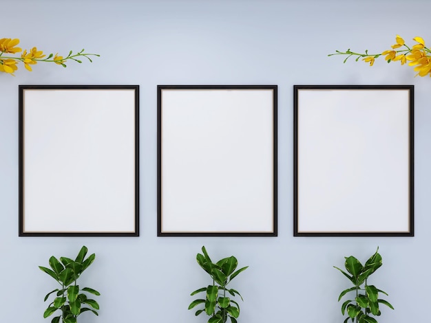 Triple marco de póster vacío sobre fondo de pared blanca con representación 3D de plantas y flores
