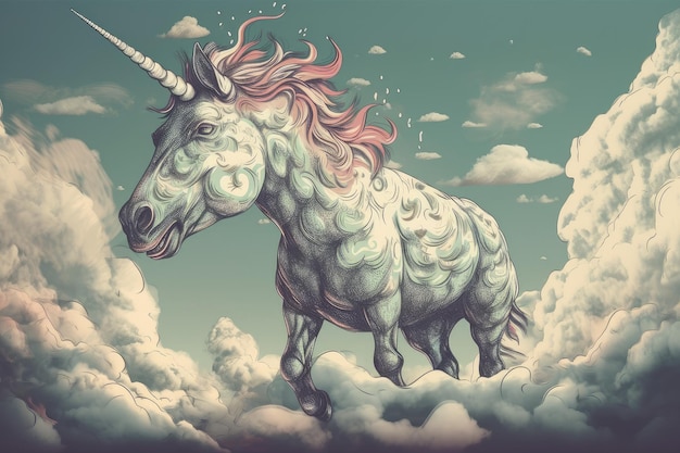 Trippy Einhorn mit dem Kopf in den Wolken und Hufen auf dem Boden