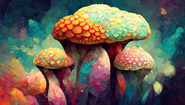 Trippy mashroom gatos psicodélicos ilustração 3d multicolorido Generative Ai