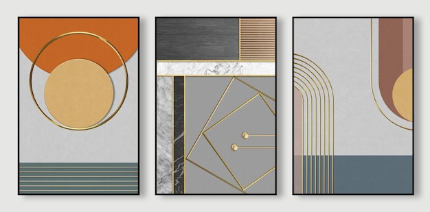 Tríptico de combinación de bloque de color geométrico abstracto de línea gris y dorada