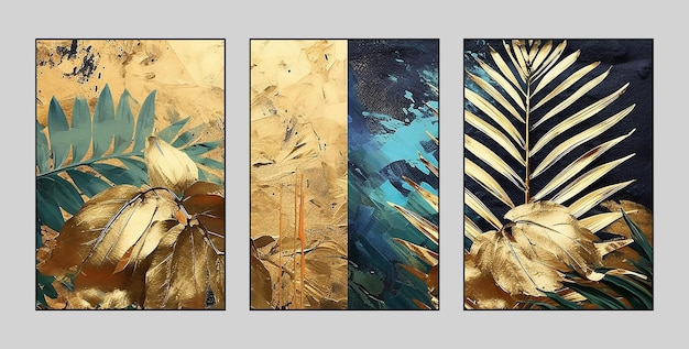 Triptych Tiere Pflanzen Blumen Pferdefedern Drei Figuren abstrakte Aquarellmalerei