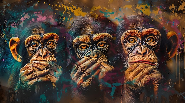 Triptych von weisen Affen im Urban Art-Stil Farbenfrohe und ausdrucksstarke moderne Interpretation von See No Evil Hear No Evil Speak No Evil Perfekt für zeitgenössisches Dekor KI