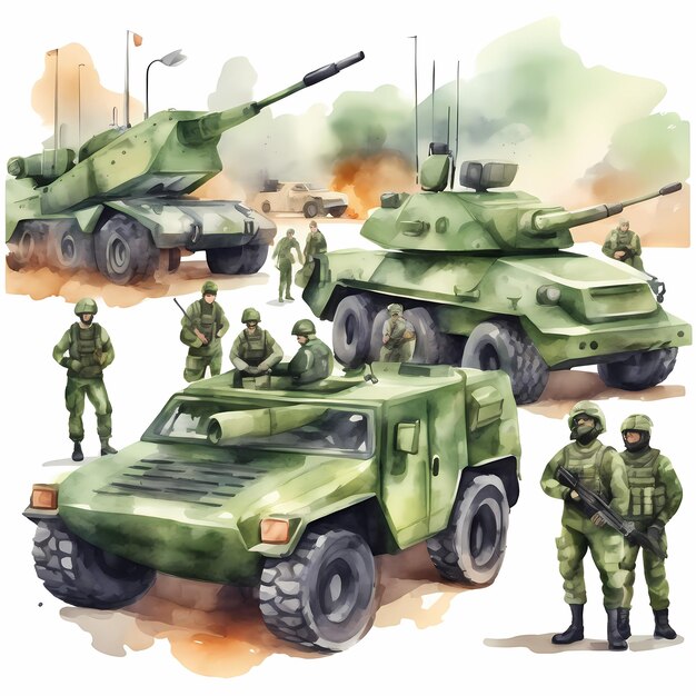 Foto tripulação de um veículo de combate militar ilustração pintada à mão em aquarela