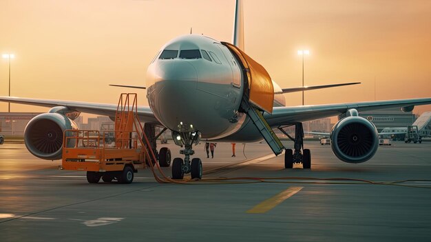 Tripulación de avión de aeropuerto reabastecimiento de combustible de aeronaves en la aerolínea por personal técnico mantenimiento en tierra Reparación de trabajadores de servicio de aeronaves uso de manguera de combustible en el ala de la aeronave en las escaleras Generativo Ai