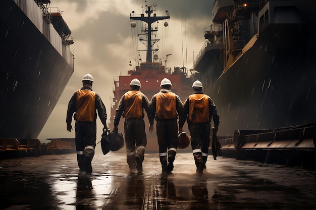 La tripulación de un barco de carga se prepara para una tormenta foto realista foto hd