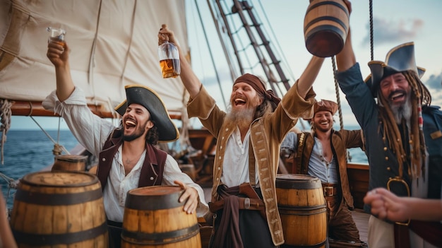 Foto tripulación de piratas celebrando una incursión exitosa con barriles de ron en la cubierta de su barco