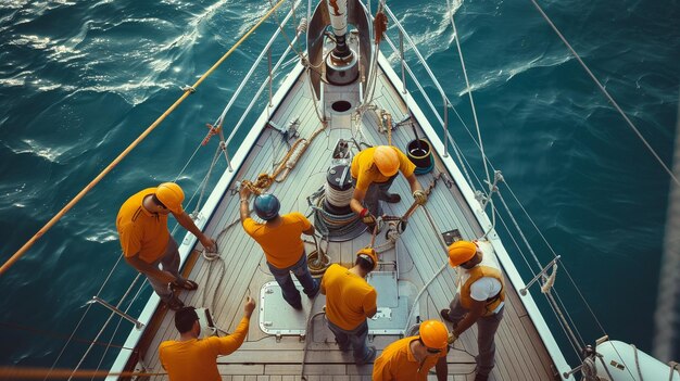 Foto la tripulación del yate se reúne en la cubierta.