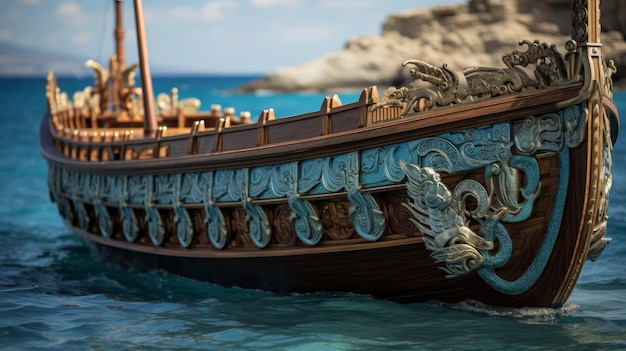 El trirema ateniense adornado con escudos navega por el mar azul