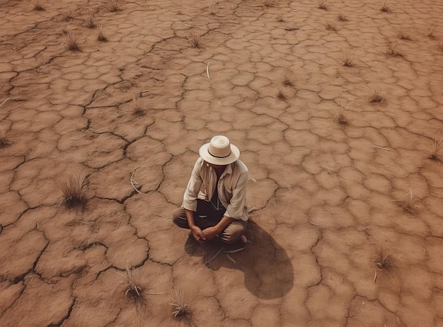 Triste adolescente asiático sentado en el suelo y mirando al cielo La sequía como resultado de las lluvias no estacionales hace que el clima sea cálido y seco