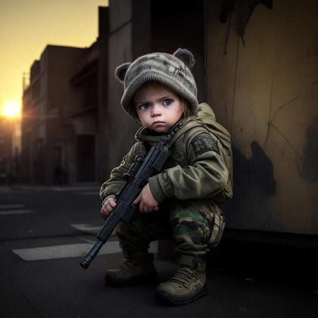 Triste bebé soldado vigilando el frente posición de combate ropa verde rifle de larga distancia ai generativo