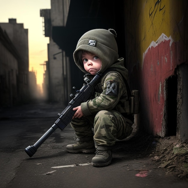 Triste bebé soldado vigilando el frente posición de combate ropa verde rifle de larga distancia ai generativo