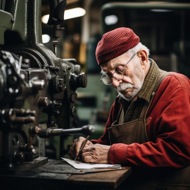 Triste y cansado jubilado trabajando Una persona mayor trabajando en una máquina en una fábrica