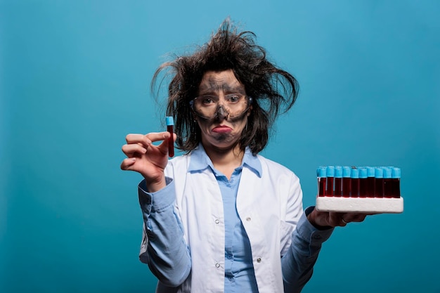 Triste científico loco con el pelo desordenado y la cara sucia sosteniendo un tubo de ensayo de vidrio después de un experimento químico fallido. Desafortunado químico de laboratorio con bandeja de tubos de ensayo que se siente molesto por un accidente de laboratorio.