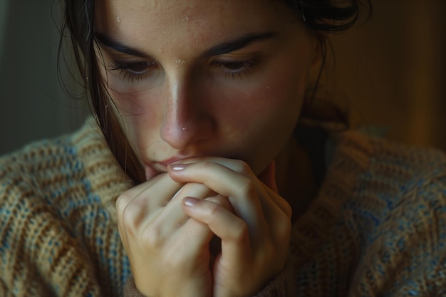 Triste, deprimida, desesperada, enlutada, chorando, mulher com as mãos cruzadas e olhos de lágrimas durante os problemas da vida.