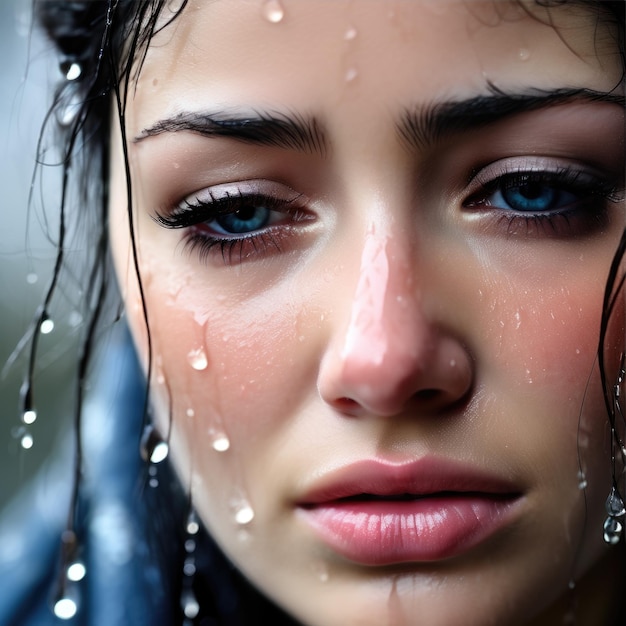 Triste, desesperada, chorando, mulher com olhos de lágrimas durante os problemas.