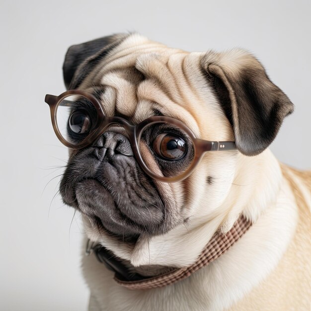 Foto triste e adorável retrato em close-up de um lindo cão pug de raça pura animal com lentes e winkle em seu