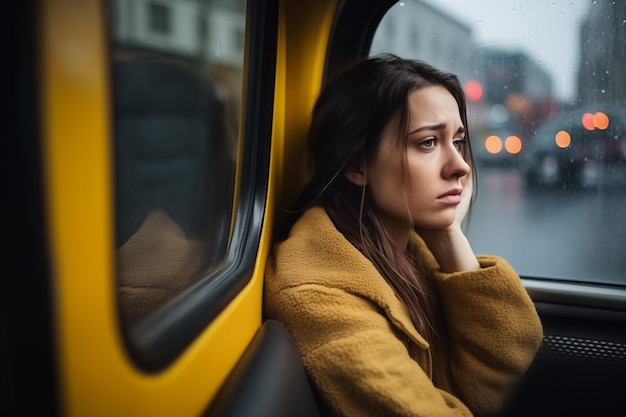 Triste e infeliz joven viajando en cabina de autobús IA generativa