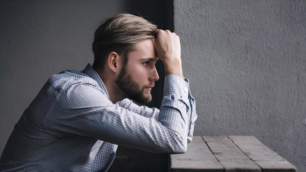 Foto triste e solitário mal-humorado bonito homem masculino europeu com barba e cabelo loiro apoiando a cabeça em palma fro