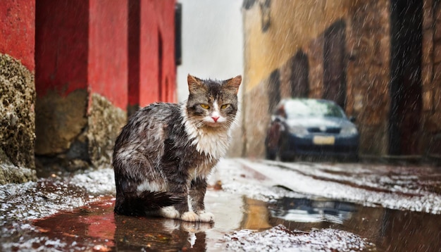 triste gato sucio y mojado abandonado en la calle en un día de lluvia