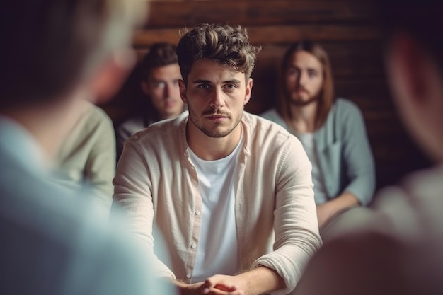Triste hombre deprimido en la reunión del grupo de apoyo para la salud mental en el espacio comunitario anónimo