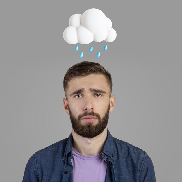 Triste infeliz joven europeo con nube abstracta y signo de lluvia sobre la cabeza aislado en gris