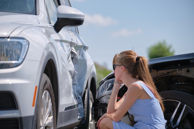 Triste joven conductora sentada cerca de su auto destrozado que parece sorprendida por los vehículos estrellados en un accidente de tráfico