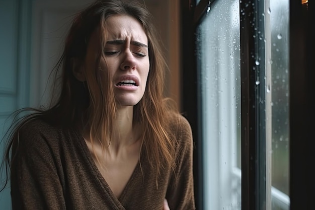 triste joven llorando cerca de la ventana por la mañana depresión