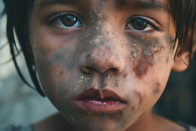 Foto la triste mirada de un niño sin hogar sucio y hambriento refleja la dura realidad de la vida en las calles