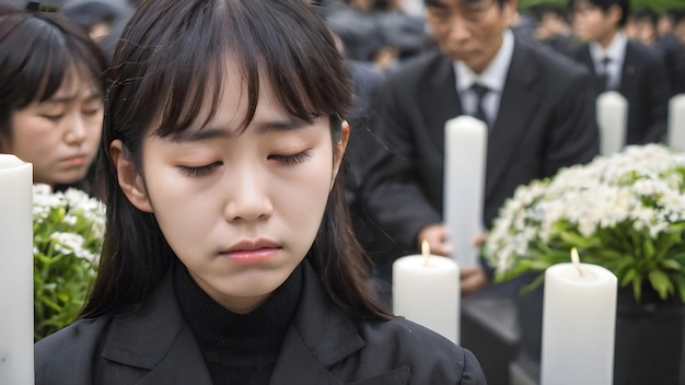 Triste mujer asiática en la ceremonia funeraria