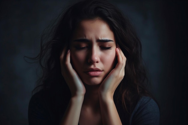 Triste mujer cansada tocando la cara con dolor de cabeza o depresión