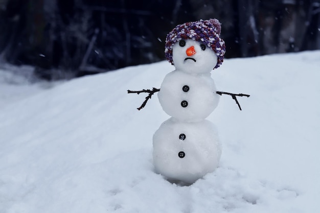 Triste muñeco de nieve con sombrero sobre fondo nevado