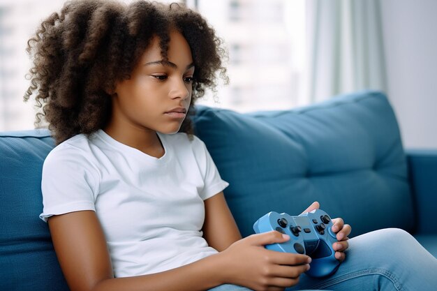 Triste niña africana con un joystick de juegos de computadora sentada molesta