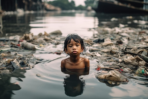 Triste niño asiático nada en un río lleno de residuos