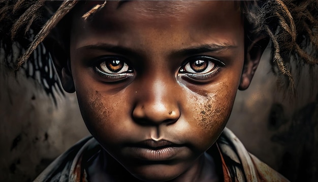 Triste niño de guerra mirando a la cámara Mirada profunda Fotoperiodismo IA generativa