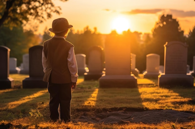 Triste niño pequeño con sombrero parado en el cementerio al atardecer AI generativa