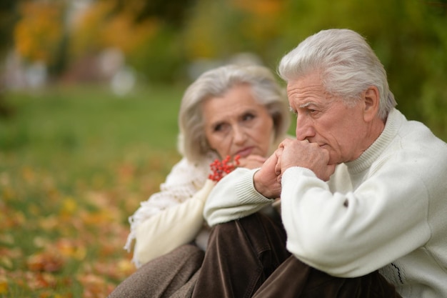 Triste pareja senior en el parque