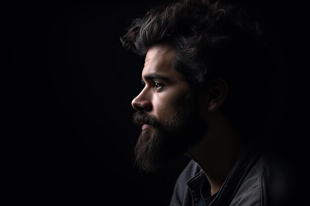 El triste perfil de un hombre serio y decidido con una barba fotogénica contra un fondo negro