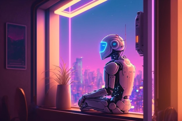Triste robot mira por la ventana robótica reconoce emociones ilustración IA generativa