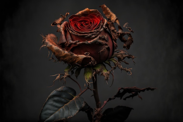 Triste rosa roja seca y envejecida con el tiempo en primer plano y detalle para un fondo romántico