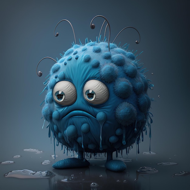 Triste virus azul, divertida ilustración de estilo de dibujos animados. IA generativa