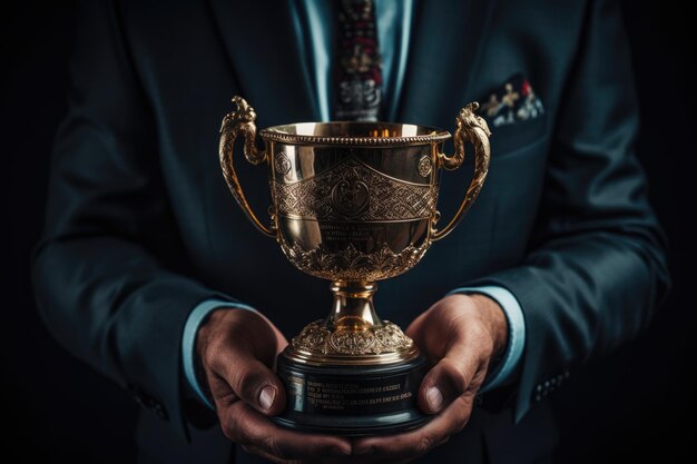 Un triunfante hombre de negocios sostiene una hermosa copa trofeo un símbolo de éxito y logro que irradia elegancia y prestigio en las palmas del logro