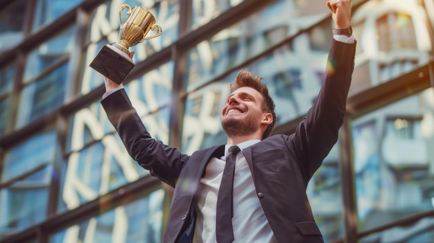 Un triunfante hombre de negocios en traje sostiene un trofeo de oro en alto que simboliza su éxito y reconocimiento