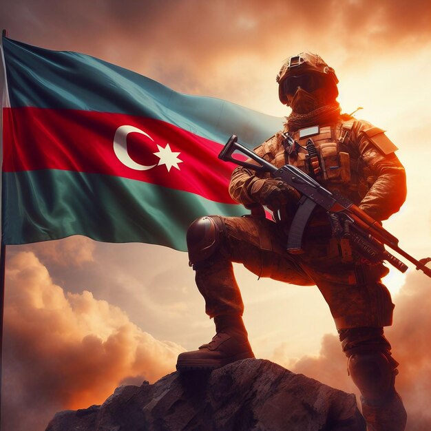 Foto triunfo en la cumbre un soldado resuelto con orgullo la bandera de azerbaiyán